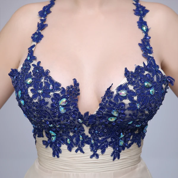 Sexy Königliches Blau Abendkleider 2020 A Linie Spaghettiträger Strass Spitze Blumen Ärmellos Rückenfreies Lange Festliche Kleider