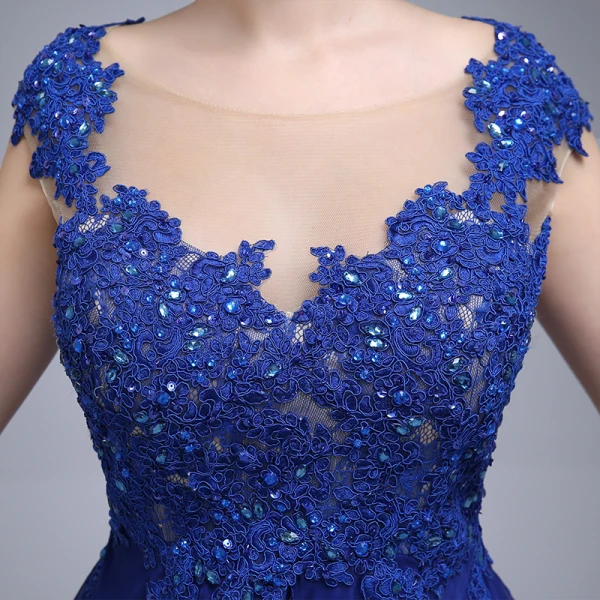 Classy Royal Blue Evening Dresses 2020 A-Line / Princess Scoop Neck Rhinestone Lace Flower Sleeveless Floor-Length / Long Formal Dresses