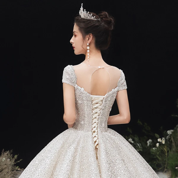 Luxury / Gorgeous Ivory 2020 Wedding Dresses Ball Gown Scoop Neck Beading Lace Pearl Rhinestone Sequins Short Sleeve Backless Court Train