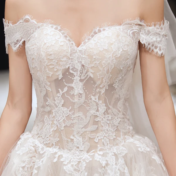 Charming Champagne Wedding Dresses 2020 A-Line / Princess Off-The-Shoulder Lace Flower Sleeveless Backless Cathedral Train