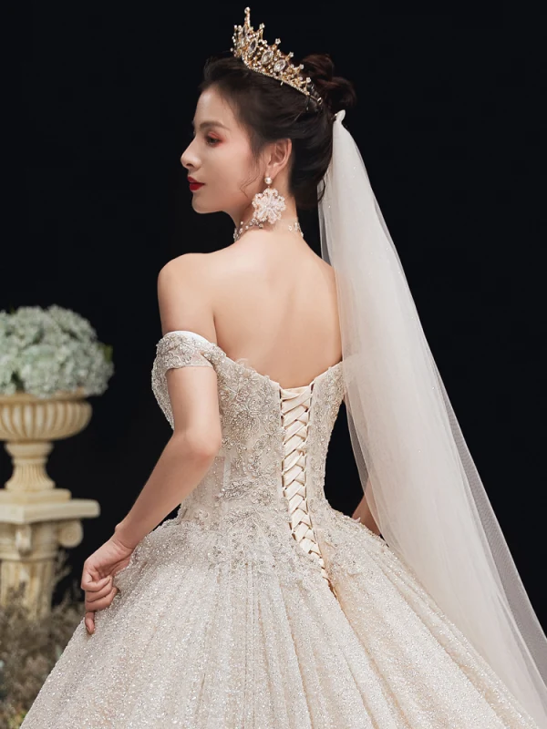 Luxury / Gorgeous Champagne Glitter Wedding Dresses 2020 Ball Gown Off-The-Shoulder Beading Rhinestone Lace Flower Sleeveless Backless Cathedral Train