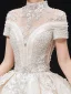 Luxury / Gorgeous Champagne Glitter Wedding Dresses 2020 Ball Gown High Neck Beading Rhinestone Sequins Appliques Short Sleeve Backless Royal Train