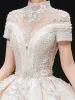 Luxury / Gorgeous Champagne Glitter Wedding Dresses 2020 Ball Gown High Neck Beading Rhinestone Sequins Appliques Short Sleeve Backless Royal Train