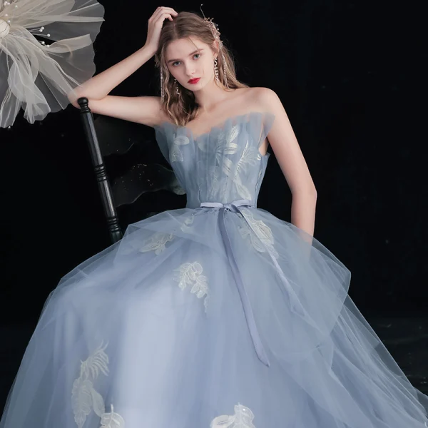 Modern / Fashion Sky Blue Lace Flower Prom Dresses 2021 A-Line / Princess Strapless Sleeveless Backless Bow Sash Floor-Length / Long Formal Dresses