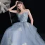 Modern / Fashion Sky Blue Lace Flower Prom Dresses 2021 A-Line / Princess Strapless Sleeveless Backless Bow Sash Floor-Length / Long Formal Dresses