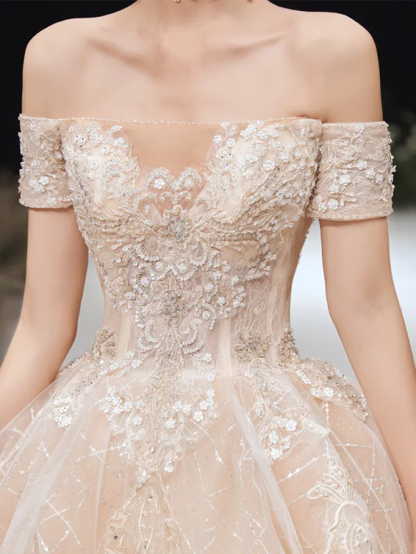 Charming Champagne Wedding Dresses 2020 Ball Gown Off-The-Shoulder Beading Rhinestone Sequins Lace Flower Short Sleeve Backless Cathedral Train
