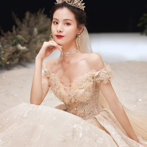Luxury / Gorgeous Champagne Wedding Dresses 2020 Ball Gown Off-The-Shoulder Beading Sequins Rhinestone Pearl Lace Flower Short Sleeve Backless Royal Train