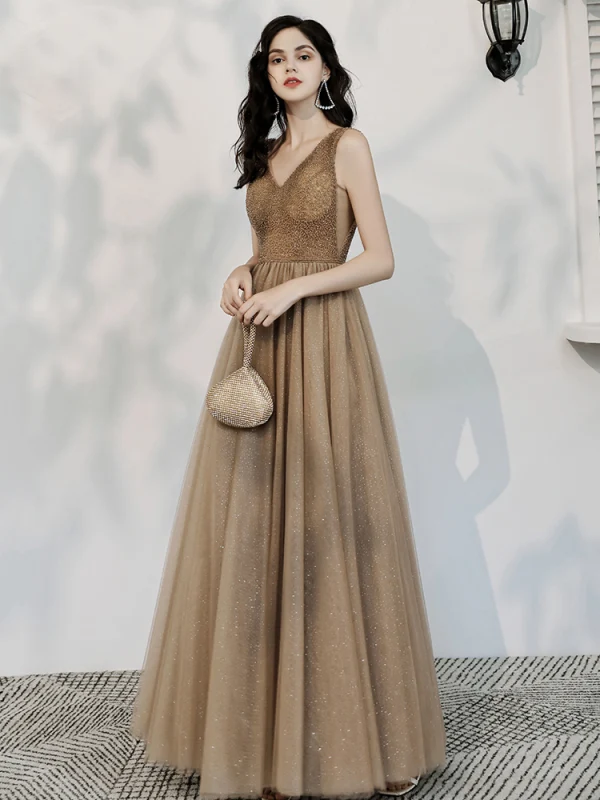 Chic / Beautiful Champagne Glitter Evening Dresses  2020 A-Line / Princess V-Neck Beading Sleeveless Backless Floor-Length / Long Formal Dresses