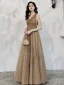 Chic / Beautiful Champagne Glitter Evening Dresses  2020 A-Line / Princess V-Neck Beading Sleeveless Backless Floor-Length / Long Formal Dresses