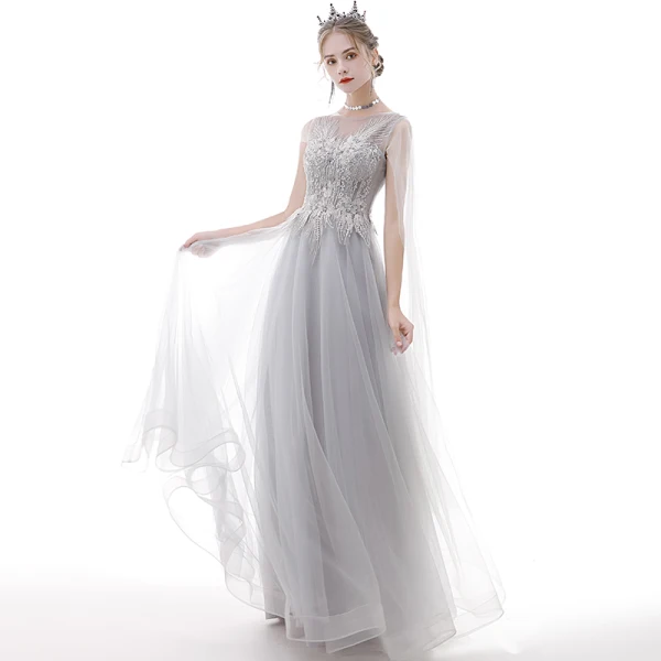 Classy Grey Prom Dresses 2020 A-Line / Princess Scoop Neck Pearl Rhinestone Sequins Lace Flower Short Sleeve Backless Floor-Length / Long Formal Dresses