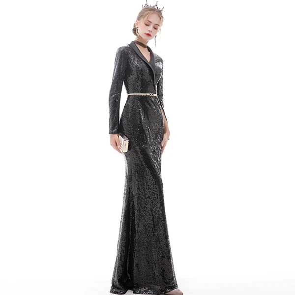Scintillantes Noire Robe De Soirée 2020 Trompette / Sirène V-Cou Ceinture Paillettes Manches Longues Longue Robe De Ceremonie