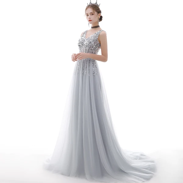 Charmant Argenté Robe De Soirée 2020 Princesse V-Cou Perlage Paillettes Sans Manches Dos Nu Train De Balayage Robe De Ceremonie