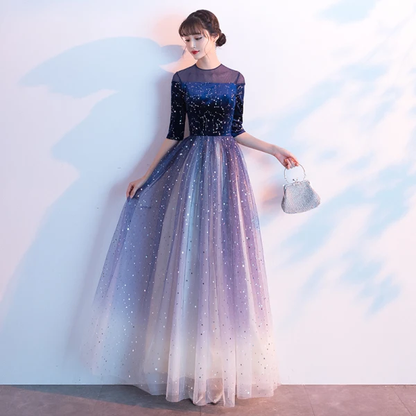 Fashion Sparkly Royal Blue Evening Dresses 2020 A-Line / Princess Scoop Neck Suede Lace Star Sequins 1/2 Sleeves Floor-Length / Long Formal Dresses