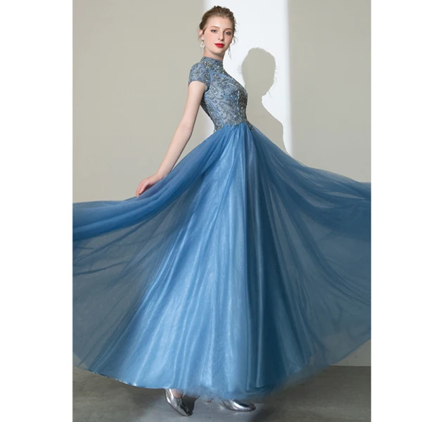 Elegant Pool Blue Prom Dresses 2020 A-Line / Princess High Neck Beading Rhinestone Short Sleeve Backless Floor-Length / Long Formal Dresses