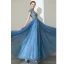 Elegant Pool Blue Prom Dresses 2020 A-Line / Princess High Neck Beading Rhinestone Short Sleeve Backless Floor-Length / Long Formal Dresses