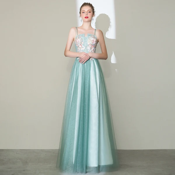 Charming Mint Green Prom Dresses 2020 A-Line / Princess Spaghetti Straps Pearl Rhinestone Lace Flower Sleeveless Backless Floor-Length / Long Formal Dresses