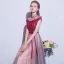 Chic / Beautiful Burgundy Evening Dresses  2018 A-Line / Princess Appliques Lace Flower Crystal Bow High Neck Short Sleeve Floor-Length / Long Formal Dresses
