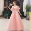 Elegant Candy Pink Prom Dresses 2021 V-Neck A-Line / Princess Beading Appliques Lace Flower Sequins 1/2 Sleeves Backless Floor-Length / Long Formal Dresses