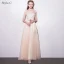 Chic / Beautiful Champagne Bridesmaid Dresses 2018 A-Line / Princess Appliques Bow Scoop Neck Backless Short Sleeve Floor-Length / Long Wedding Party Dresses