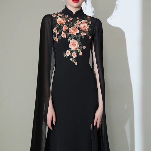 Style Chinois Noire Robe De Soirée 2020 Trompette / Sirène Col Haut Appliques En Dentelle Manches Courtes Fendue devant Longue Robe De Ceremonie
