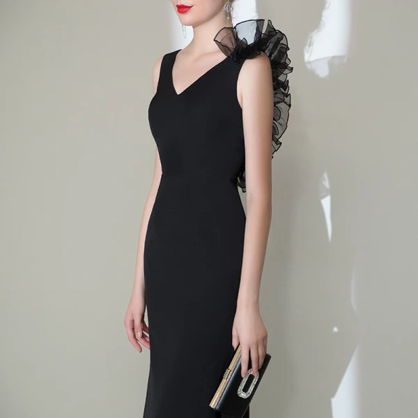 Élégant Couleur Unie Noire Robe De Soirée 2020 Trompette / Sirène V-Cou Sans Manches Dos Nu Longue Robe De Ceremonie