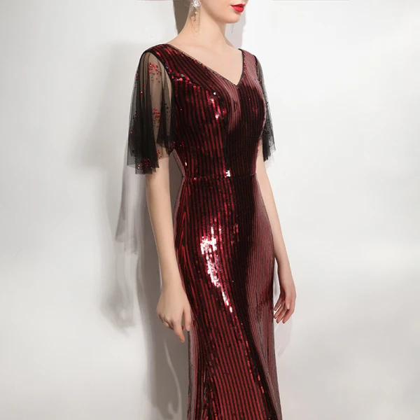 Scintillantes Bordeaux Paillettes Robe De Soirée 2020 Trompette / Sirène V-Cou Manches Courtes Dos Nu Longue Robe De Ceremonie