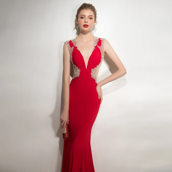 Sexy Rouge Robe De Soirée 2020 Trompette / Sirène Encolure Dégagée Perlage Faux Diamant En Dentelle Fleur Sans Manches Dos Nu Train De Balayage Robe De Ceremonie