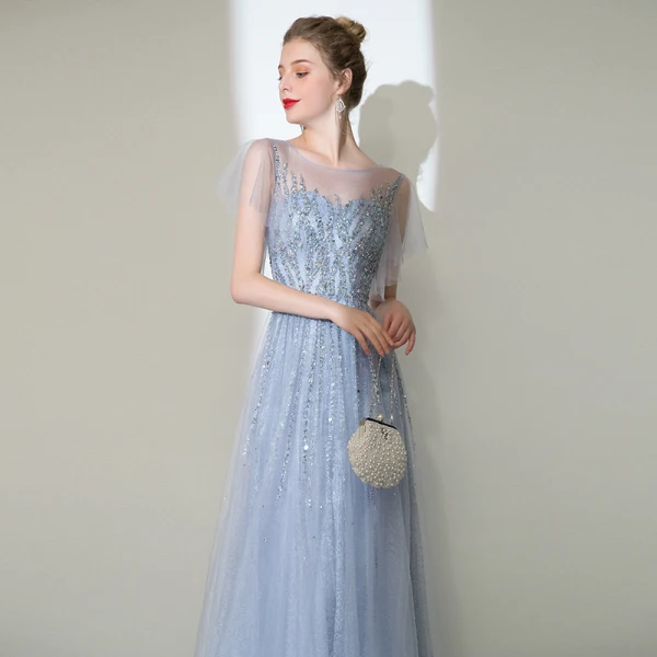 High-end Silver Handmade Evening Dresses 2020 A-Line / Princess Scoop Neck Beading Rhinestone Sequins Short Sleeve Floor-Length / Long Formal Dresses