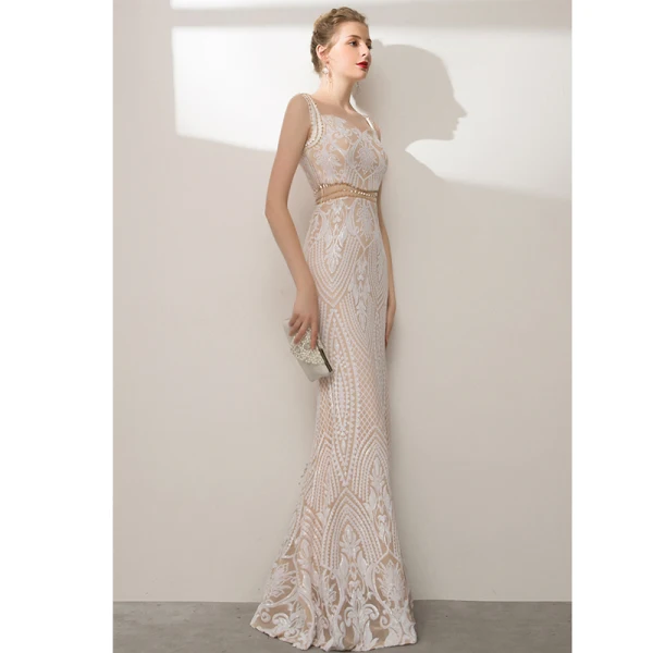 Charmant Scintillantes Champagne Robe De Soirée 2020 Trompette / Sirène Encolure Carrée Perlage Paillettes Faux Diamant Dos Nu Sans Manches Longue Robe De Ceremonie