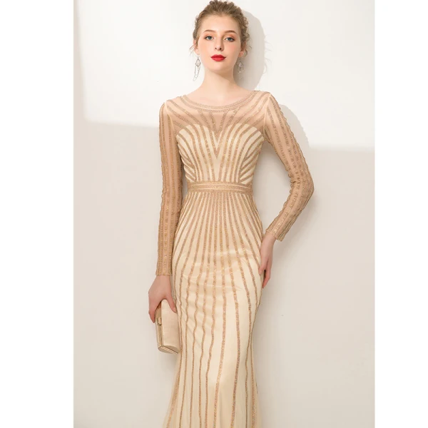 High-end Champagne Rhinestone Evening Dresses  2020 Trumpet / Mermaid Scoop Neck Long Sleeve Floor-Length / Long Formal Dresses