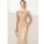 High-end Champagne Rhinestone Evening Dresses  2020 Trumpet / Mermaid Scoop Neck Long Sleeve Floor-Length / Long Formal Dresses