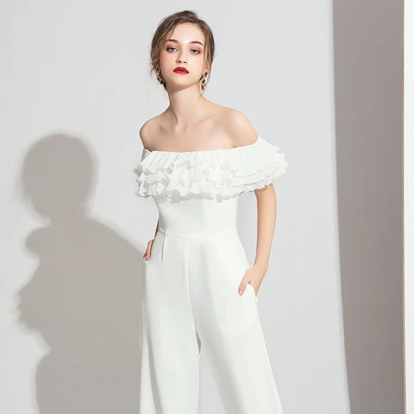Elegante Ivory / Creme Overall Abendkleider 2021 Rüschen Off Shoulder Kurze Ärmel Rückenfreies Abend Lange Festliche Kleider