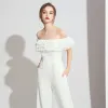 Elegant Ivory Jumpsuit Evening Dresses  2021 Ruffle Off-The-Shoulder Short Sleeve Backless Evening Party Floor-Length / Long Formal Dresses