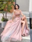 Sexy Rosa Abendkleider 2020 A Linie Spaghettiträger Perlenstickerei Perle Strass Pailletten Ärmellos Rückenfreies Gespaltete Front Lange Festliche Kleider