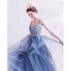 Elegant Pool Blue Prom Dresses 2020 A-Line / Princess Spaghetti Straps Rhinestone Sequins Lace Flower Sleeveless Backless Cascading Ruffles Floor-Length / Long Formal Dresses