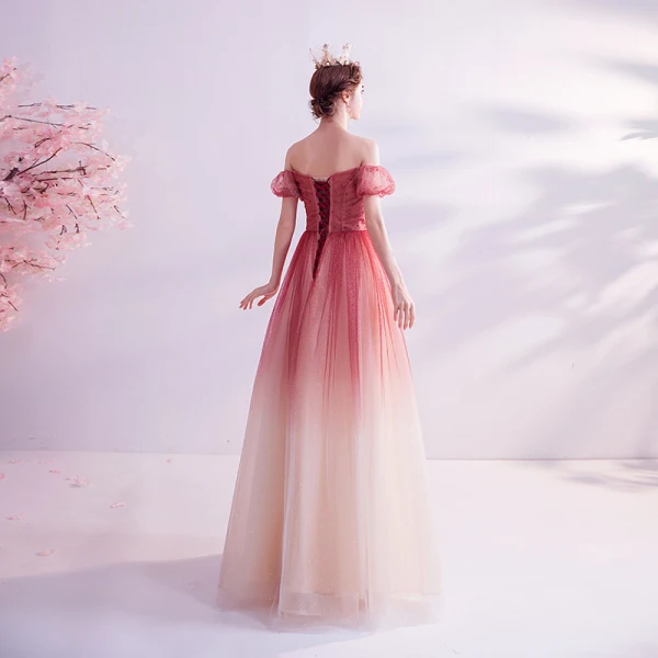 Charmant Bordeaux Dégradé De Couleur Glitter Robe De Bal 2020 Princesse De l'épaule Cristal Paillettes Manches Courtes Dos Nu Longue Robe De Ceremonie