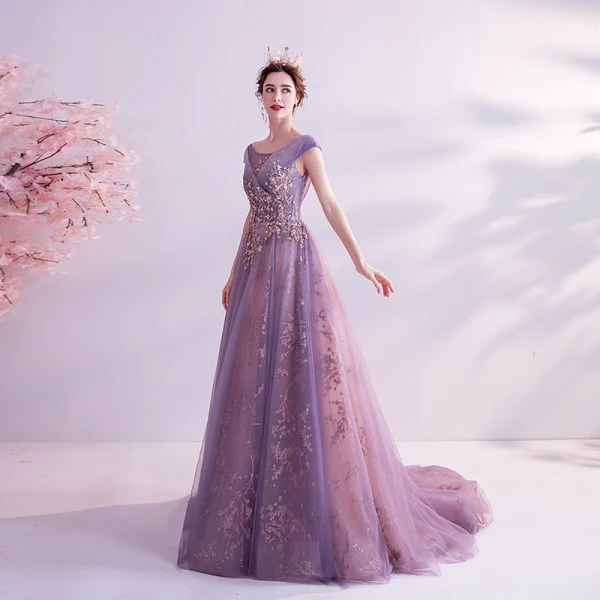 Fashion Purple Glitter Prom Dresses 2020 A-Line / Princess Scoop Neck Sequins Pearl Rhinestone Lace Flower Sleeveless Backless Sweep Train