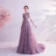 Fashion Purple Glitter Prom Dresses 2020 A-Line / Princess Scoop Neck Sequins Pearl Rhinestone Lace Flower Sleeveless Backless Sweep Train