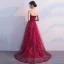 Sparkly Burgundy Evening Dresses  2018 A-Line / Princess Lace Flower Rhinestone Sequins Strapless Backless Sleeveless Sweep Train Formal Dresses