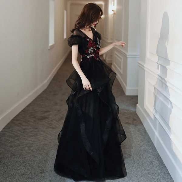 Fashion Black Evening Dresses  2020 A-Line / Princess V-Neck Rhinestone Sequins Lace Flower Short Sleeve Backless Cascading Ruffles Floor-Length / Long Formal Dresses