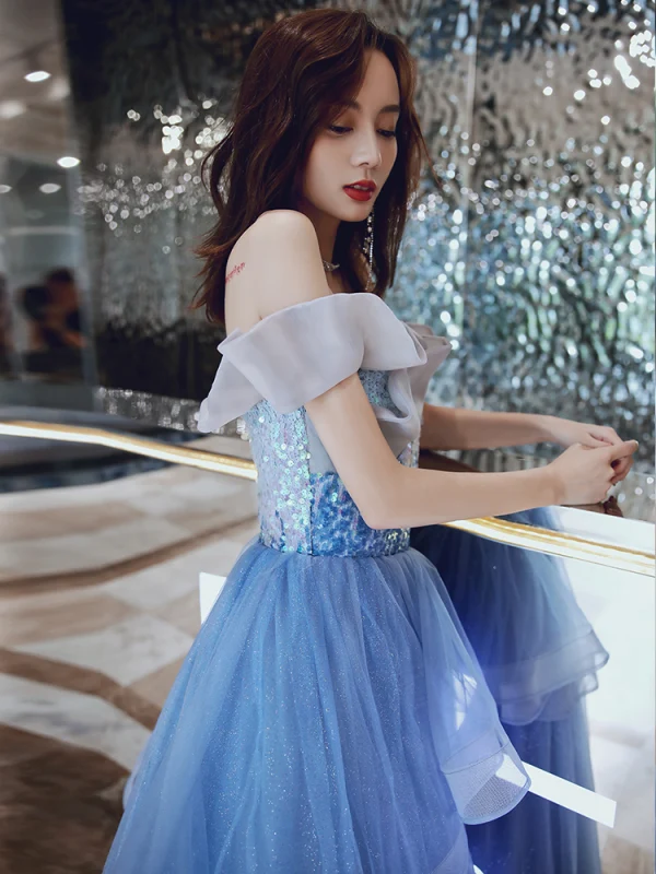 Chic / Beautiful Pool Blue Glitter Evening Dresses  2020 A-Line / Princess Off-The-Shoulder Sequins Sleeveless Backless Cascading Ruffles Floor-Length / Long Formal Dresses
