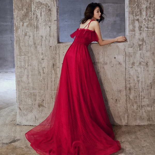 Chic / Beautiful Burgundy Evening Dresses 2020 A-Line / Princess Spaghetti Straps Beading Crystal Sleeveless Backless Floor-Length / Long Formal Dresses