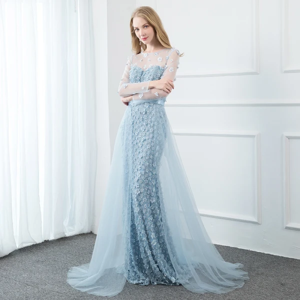 Fabuleux Bleu Ciel Robe De Soirée 2020 Trompette / Sirène Encolure Dégagée Perle Faux Diamant En Dentelle Fleur Appliques Manches Longues Longue Robe De Ceremonie