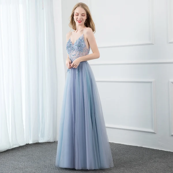 Sexy Himmelblau Ballkleider 2020 A Linie Spaghettiträger Perlenstickerei Kristall Pailletten Perle Ärmellos Rückenfreies Gespaltete Front Lange Festliche Kleider