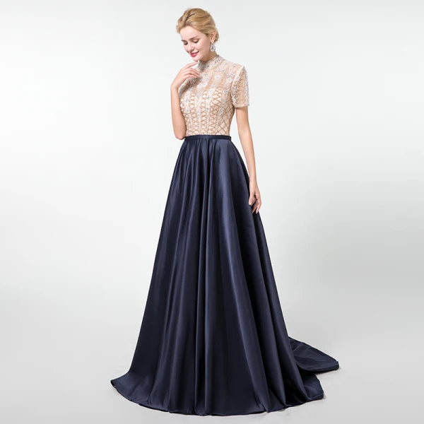 Vintage / Originale Bleu Marine Fait main Perlage Robe De Soirée 2020 Princesse Col Haut Faux Diamant Cristal Paillettes Manches Courtes Longue Robe De Ceremonie