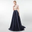 Vintage / Originale Bleu Marine Fait main Perlage Robe De Soirée 2020 Princesse Col Haut Faux Diamant Cristal Paillettes Manches Courtes Longue Robe De Ceremonie