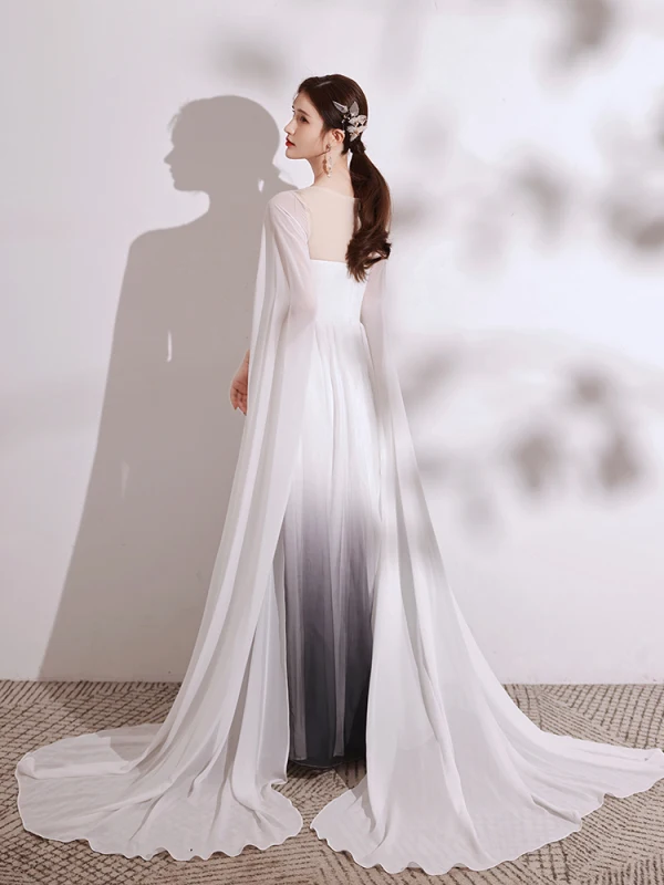 Chinesischer Stil Farbverlauf Ivory / Creme Drucken Abendkleider 2021 A Linie Rundhalsausschnitt Kurze Ärmel Lange Festliche Kleider