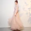 Elegante Pearl Rosa Ballkleider 2018 A Linie Mit Spitze Blumen Perle V-Ausschnitt Rückenfreies Ärmellos Lange Festliche Kleider