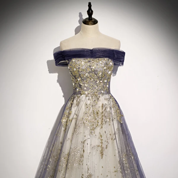 Fashion Purple Gold Glitter Evening Dresses 2020 A-Line / Princess Off-The-Shoulder Beading Rhinestone Pearl Sequins Sleeveless Backless Floor-Length / Long Formal Dresses