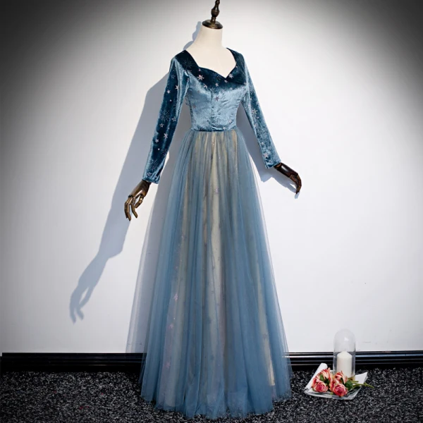 Elegant Pool Blue Star Prom Dresses 2020 A-Line / Princess Suede V-Neck Long Sleeve Floor-Length / Long Formal Dresses